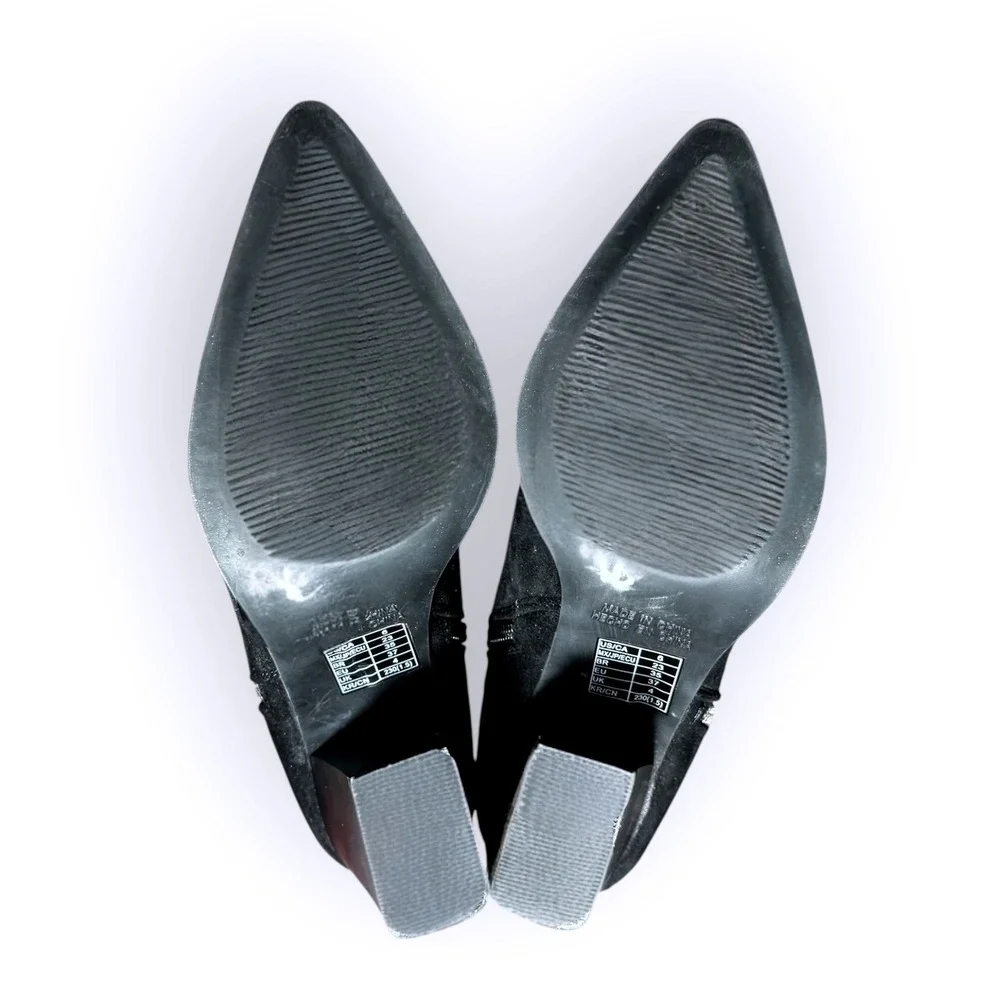 Forever 21 Black Suede Pointed Toe Ankle Booties Block Heel Zipper Detail Size 6